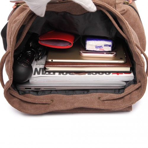 E1672 - Kono Large Multi Function Leather Details Canvas Backpack - Coffee