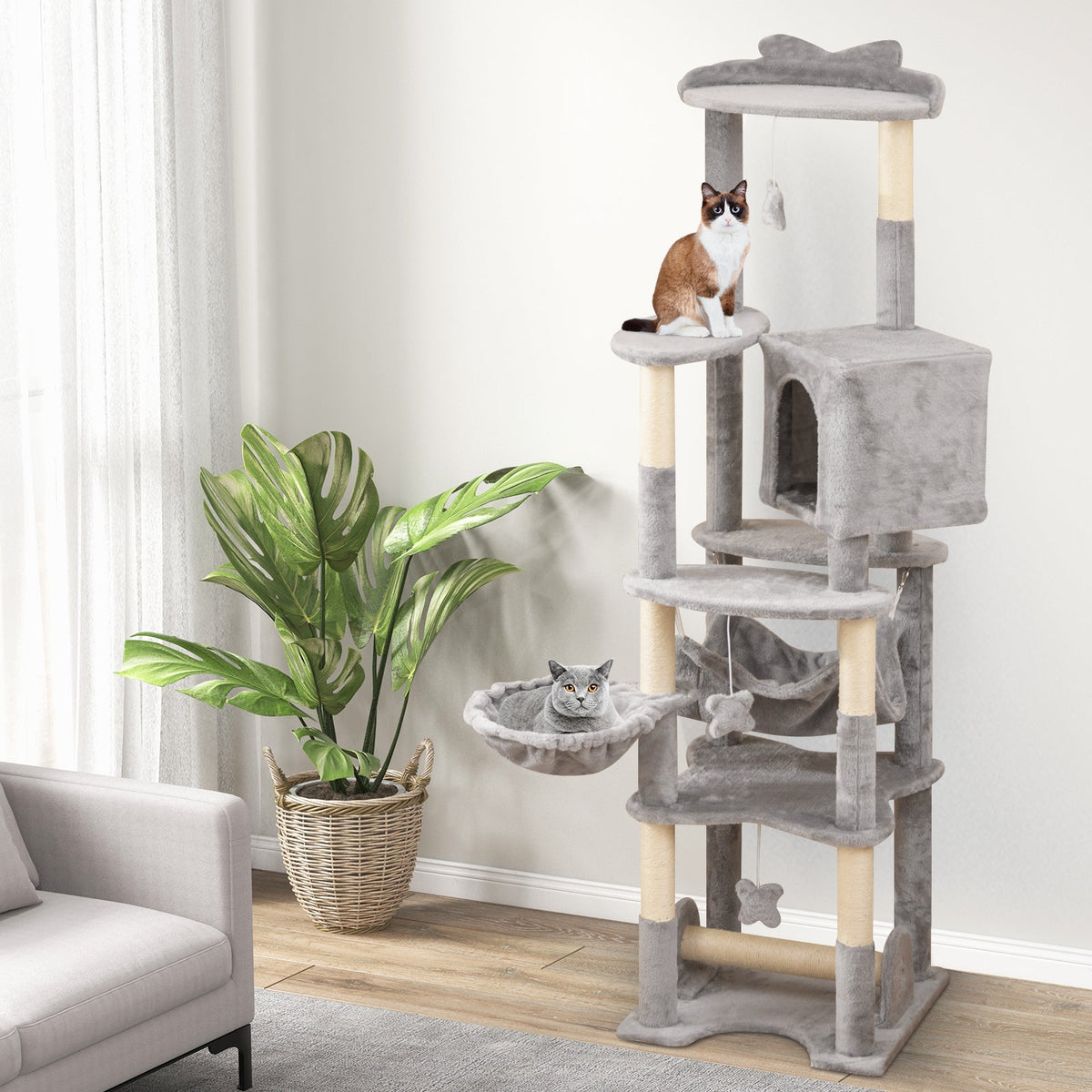 176 cm Multi-level Cat Tree with Hammock Jumping Platforms and Hanging Toys