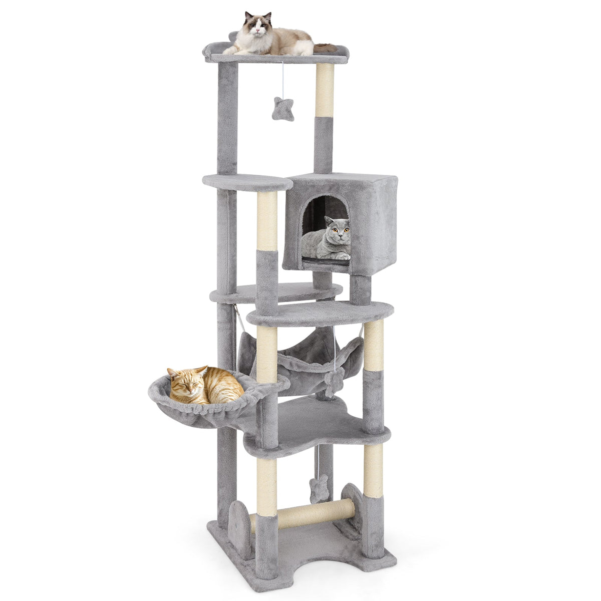 176 cm Multi-level Cat Tree with Hammock Jumping Platforms and Hanging Toys