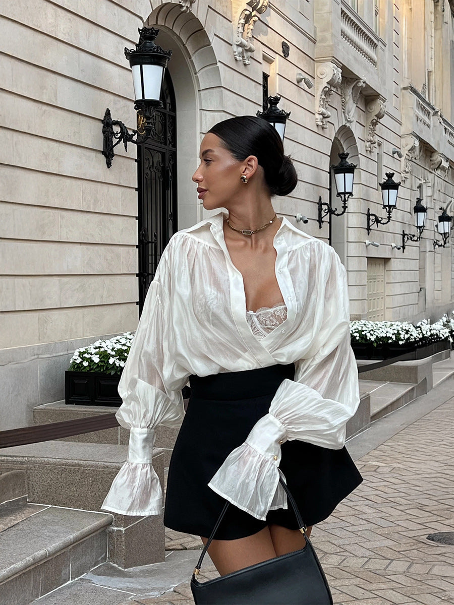 Ins French Lantern Sleeve Shirt Fashion Button Lapel Long Sleeved Tops Casual Women's Clothing