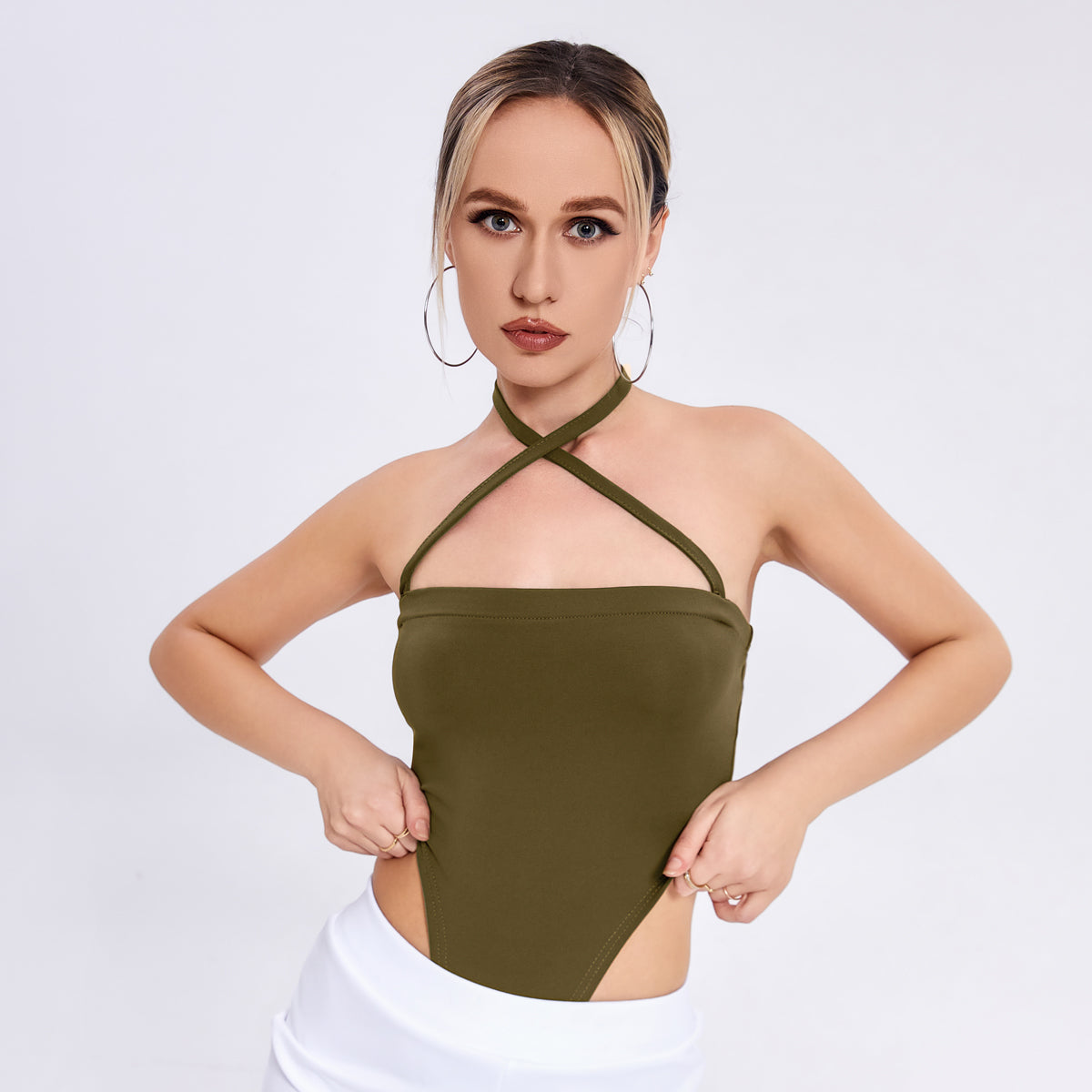 Fashion New Women’s One -word Collar Hanging Neck Band -lap Background Bodsuit
