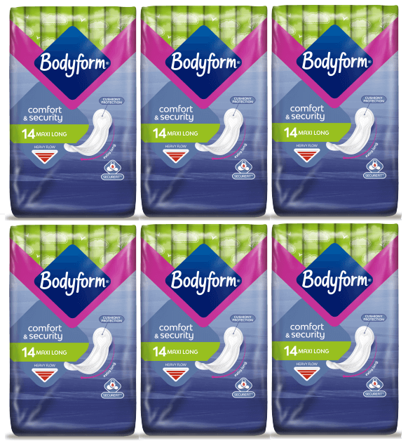 6 x Bodyform Maxi Larga - Paquete de 14