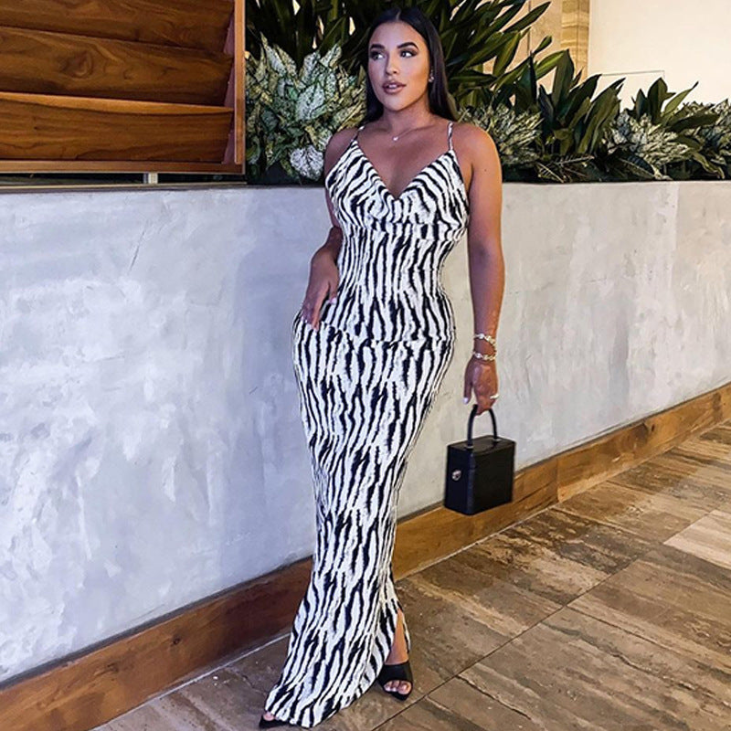 Fashion Print Sexy V-neck Backless Suspender Dress