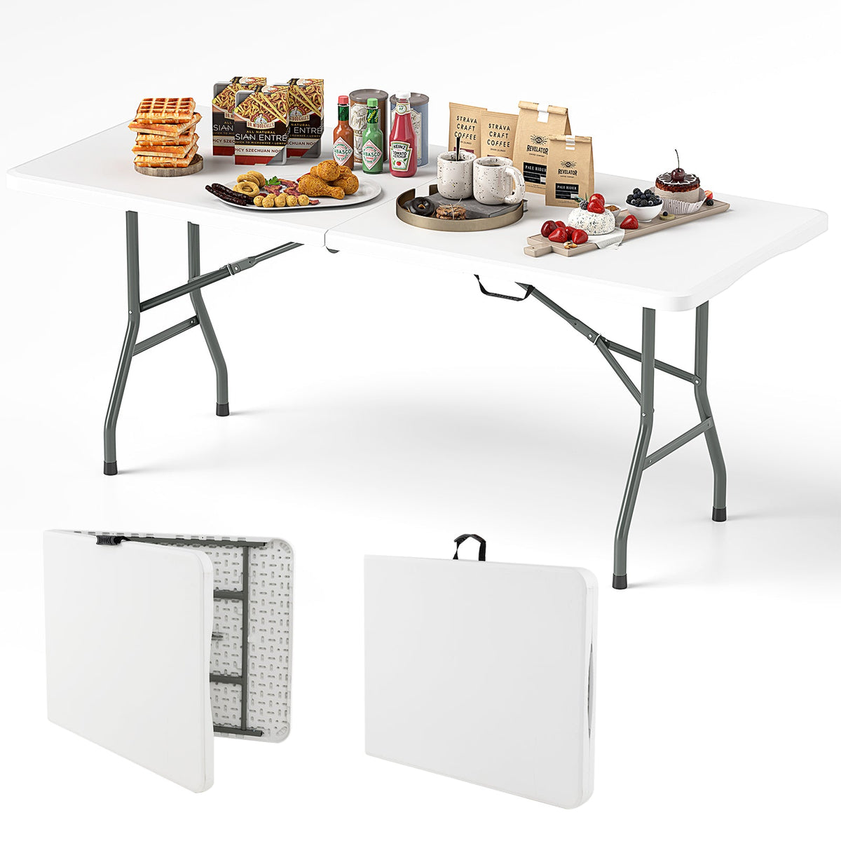 180 cm Portable Folding Dining Table with HDPE Tabletop and Safe Lock Mechanism-White