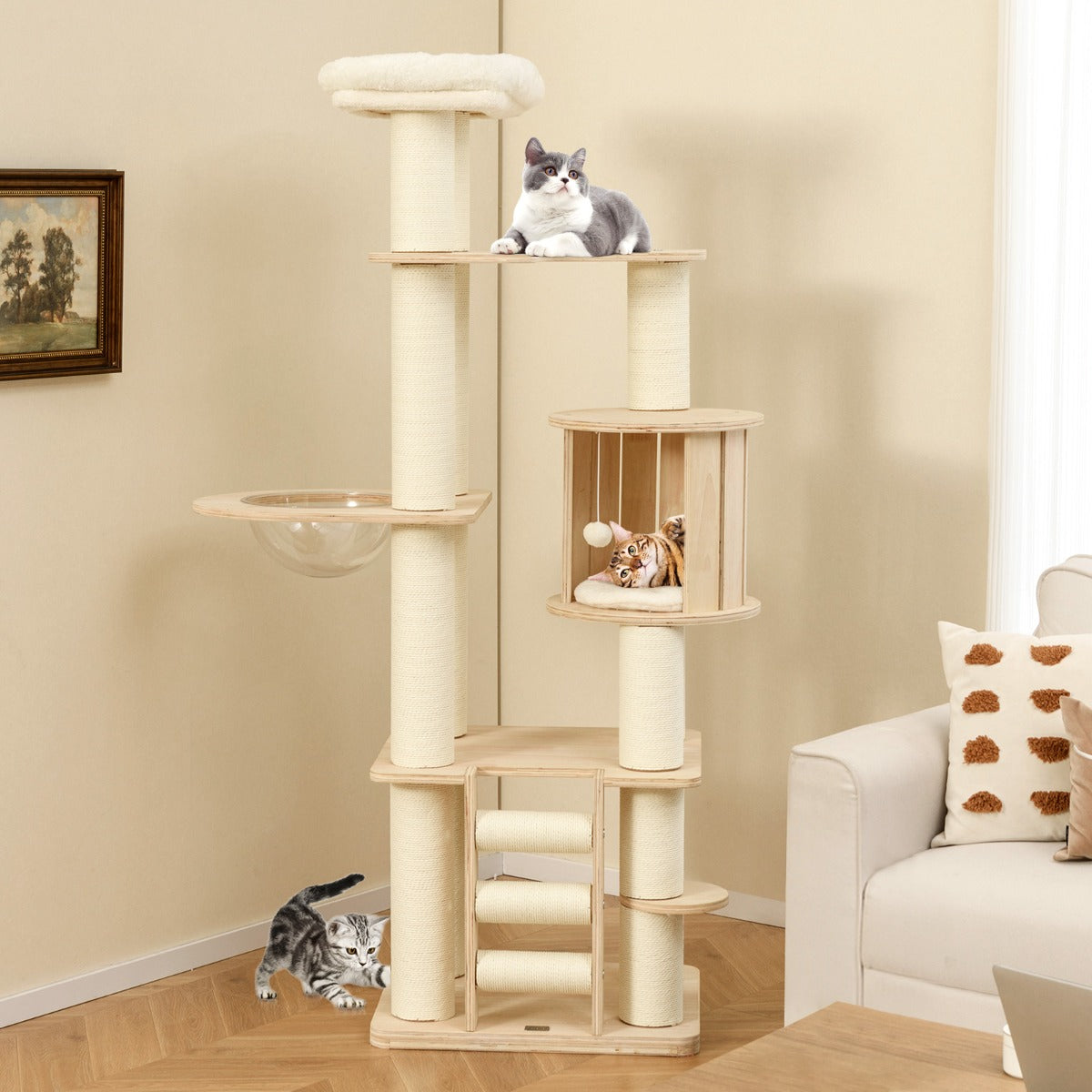 180 cm Tall Cat Tree with Cozy Perch Condo Space Capsule 12 cm Scratching Posts-Natural