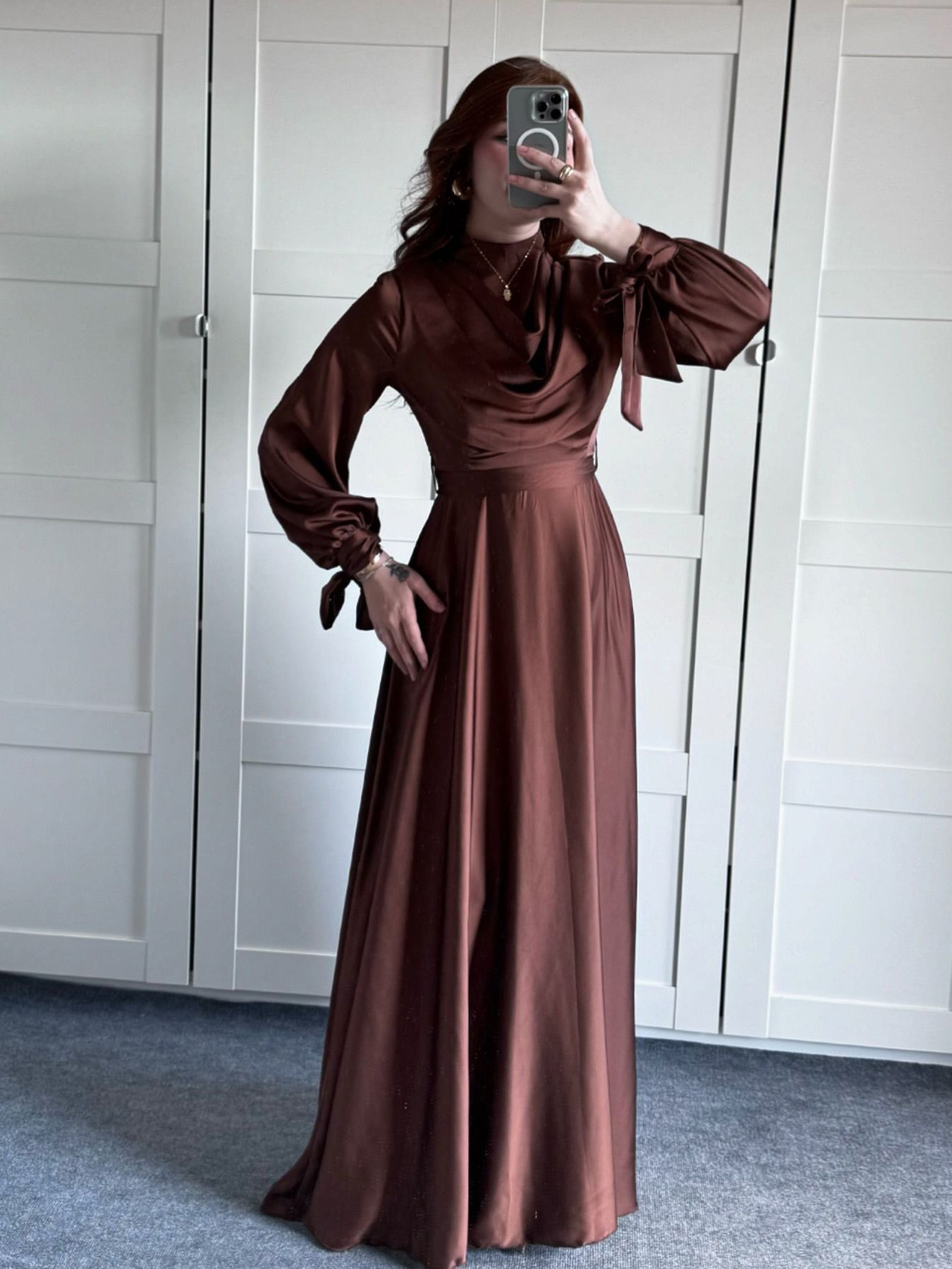 Satin Plunge Neck Long Sleeve Maxi Dress | Evening Gown