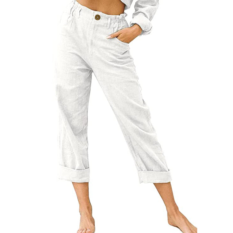 Women's Cotton Linen Patchwork Trousers | High Waist Drawstring | Loose Casual Pants | 11 Colours | S–3XL
