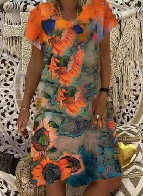 Summer New Floral Print Short-Sleeved V-Neck Dress Women