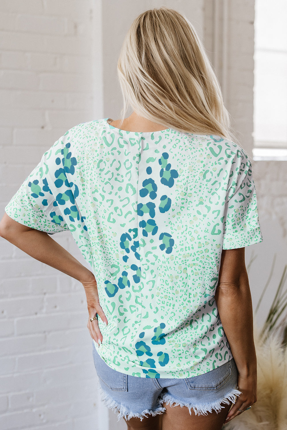 Sky Blue Mixed Leopard Print V Neck Short Sleeve Blouse