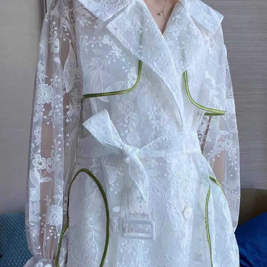 Lace Trench Coat New Style Hooded Embroidery Lantern Sleeve Over The Knee Coat Mid-length Sun Protection Clothing