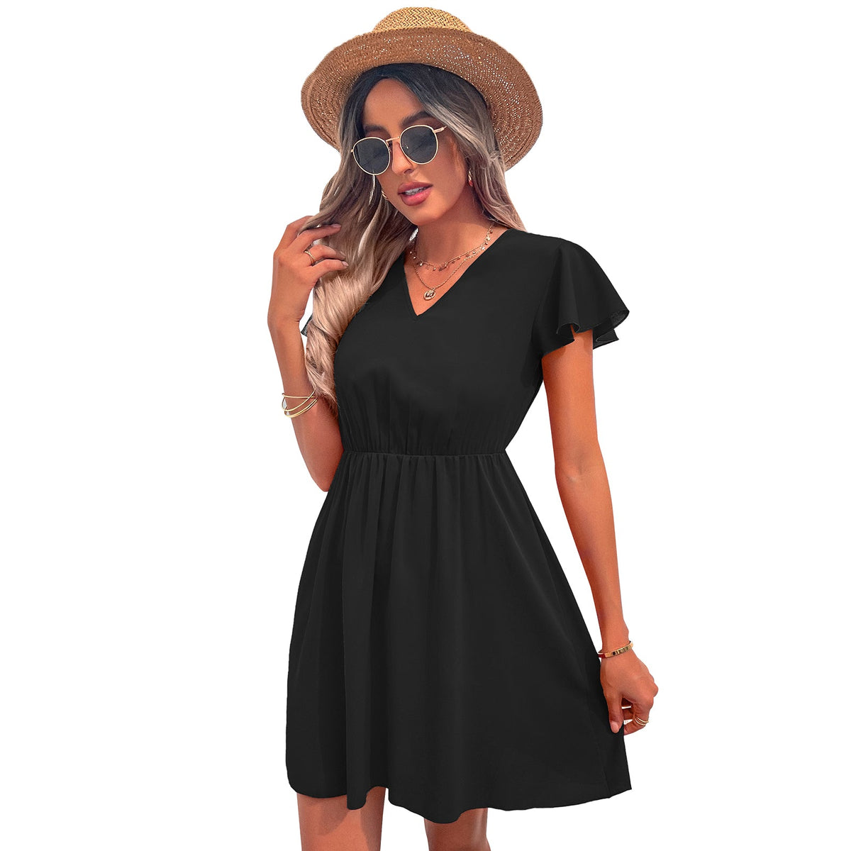 Fashion V Neck Lace Chiffon Backless Dress