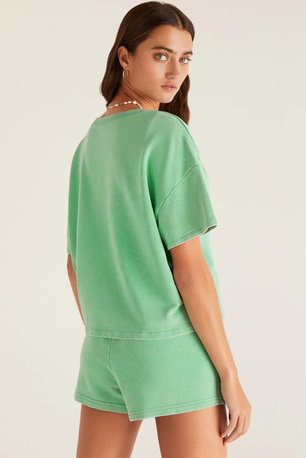 Mint Green V Neck Drop Shoulder Tee and Patchwork Drawstring Shorts Set