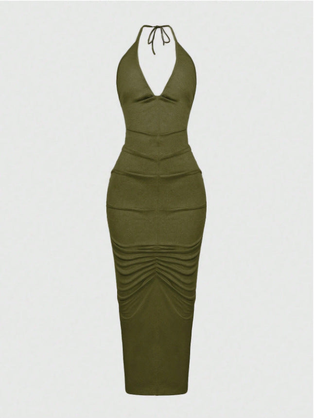 Deep V-neck Pleated Backless Lace-up Hip Dress