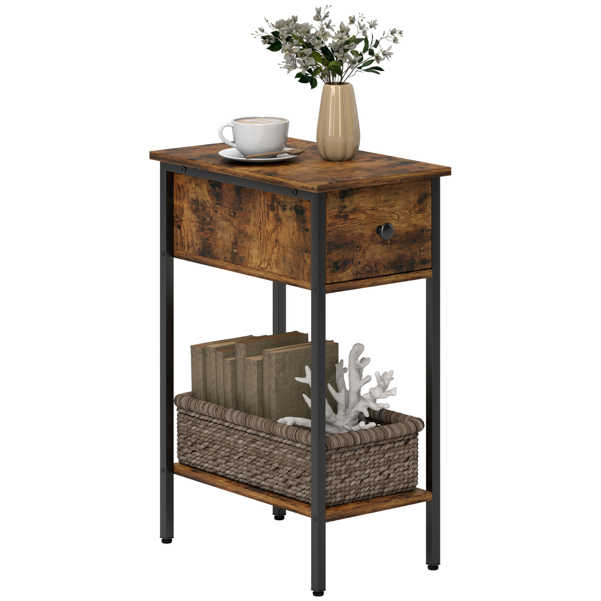 HOMCOM Industrial Slim End Table Nightstand for Small Spaces Rustic Brown