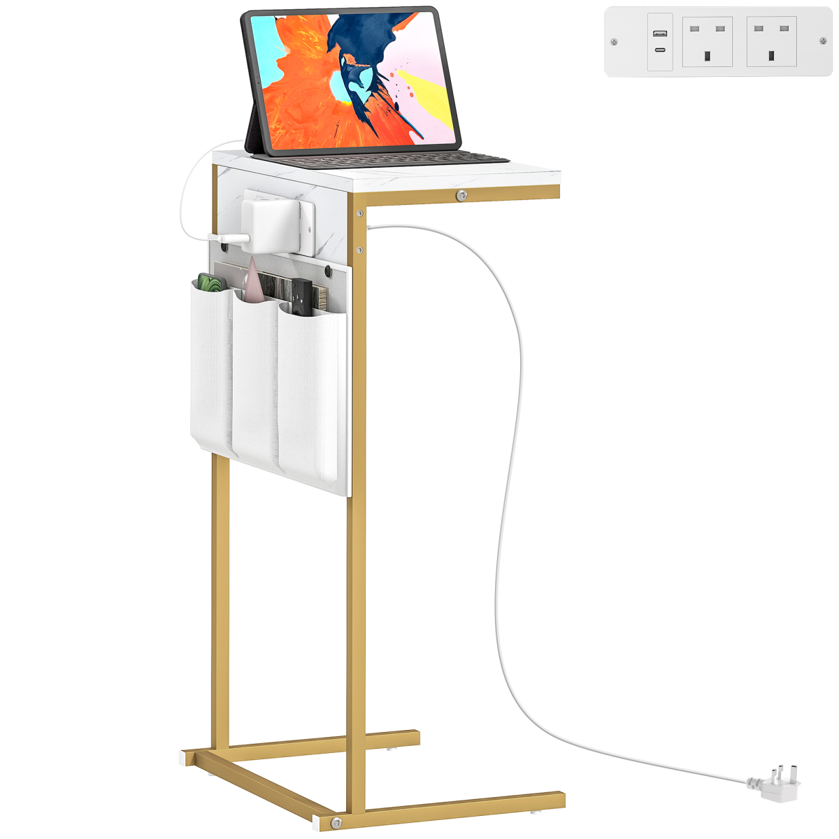 HOMCOM C-Shaped Side Table with Charging Station, Modern Bedside Table