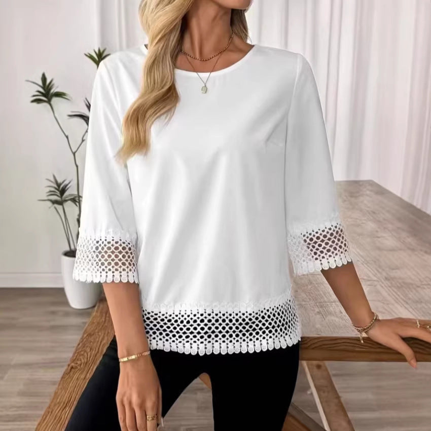 Women's Solid-Color Lace Trim Crewneck T-Shirt