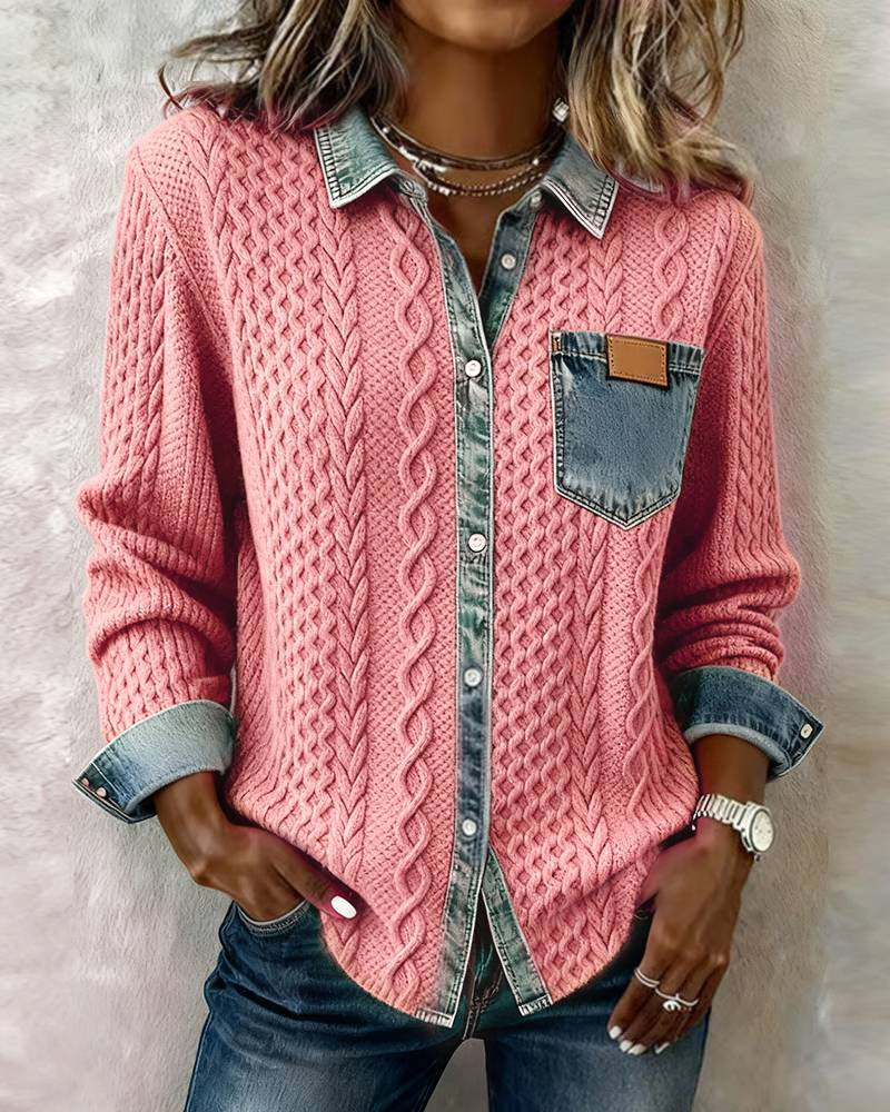 Women's Knit & Denim Patchwork Shirt | Loose Fit Casual Top