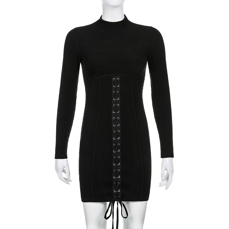 Half High Neck Patchwork Cross Tie Up Dress