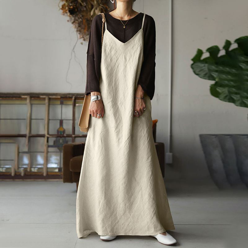 Casual Loose Ladies Solid Dress V Neck Backless