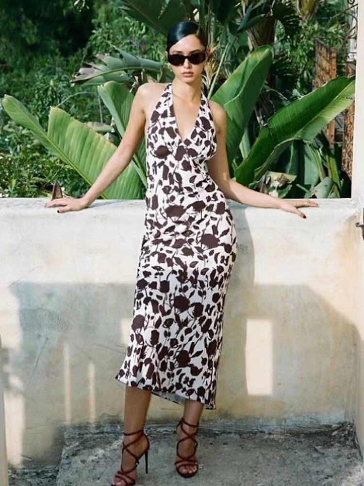 French Vest Printed Midi Skirt Summer New Elegant Backless V-neck Halter Dress Women