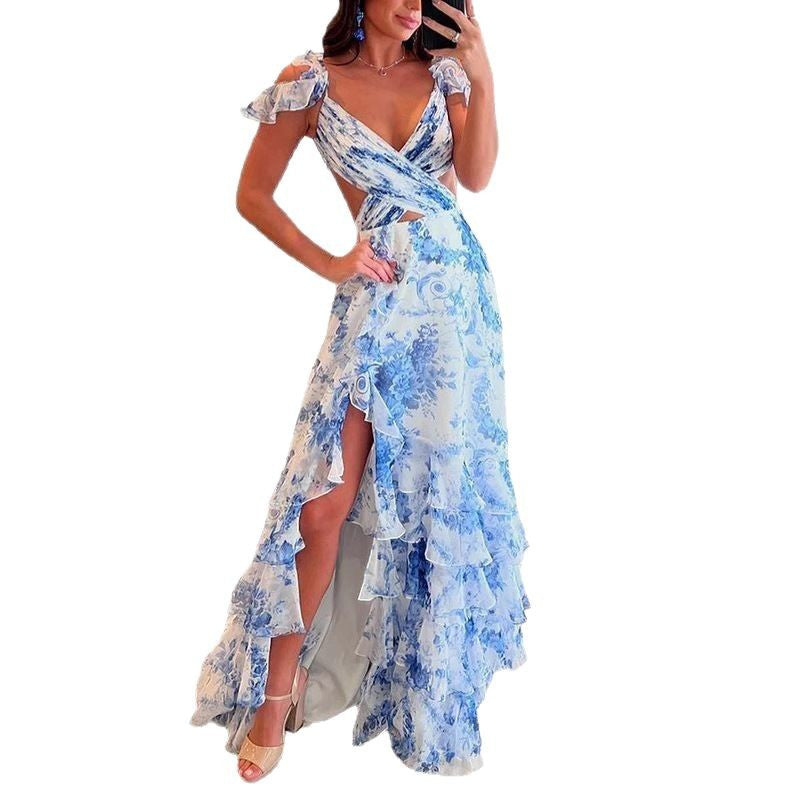 Sexy V-neck Backless Ruffled High Slit Sling Dress