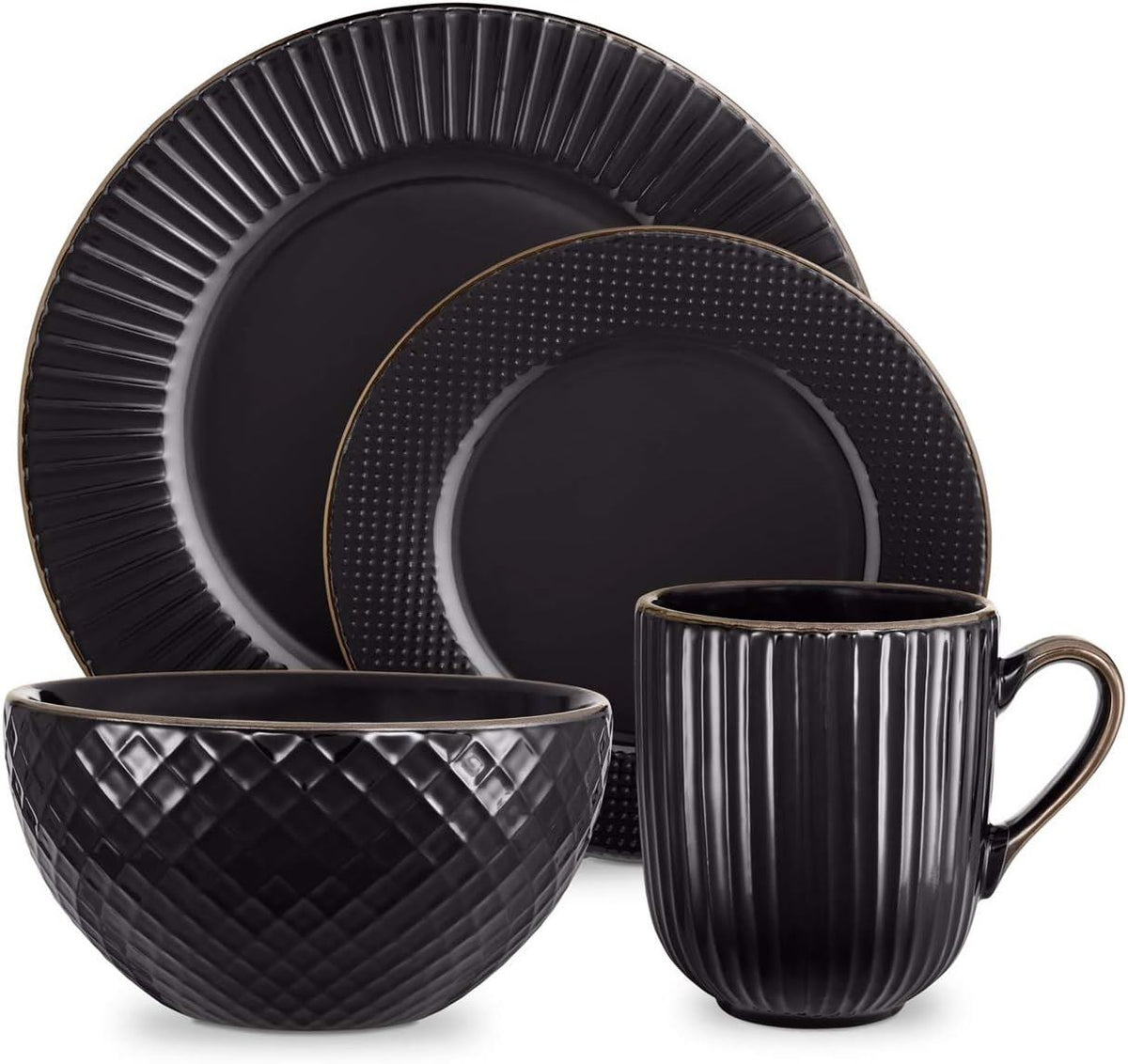 Tower Empire 16 Piece Black Embossed Dinnerware Set (T867002BLK)