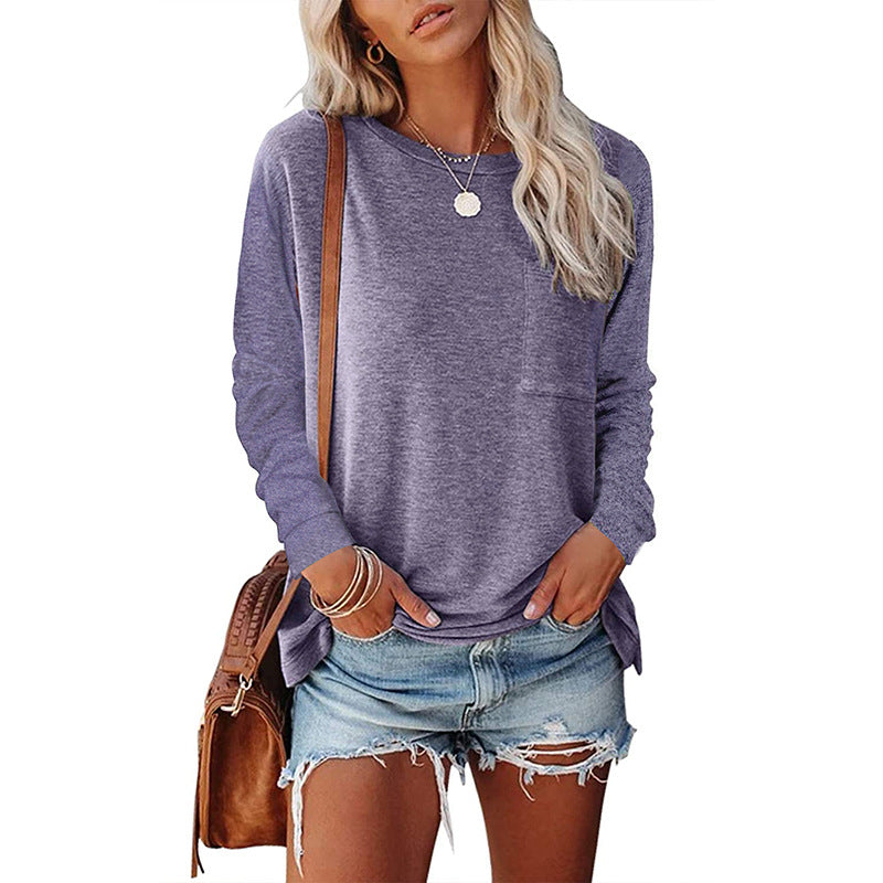 Women's Pocket Split Long Sleeve T-Shirt | Casual Round Neck Layering Top