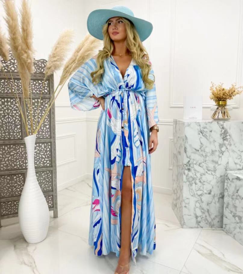 New women''s V-neck short sleeve printed long dress