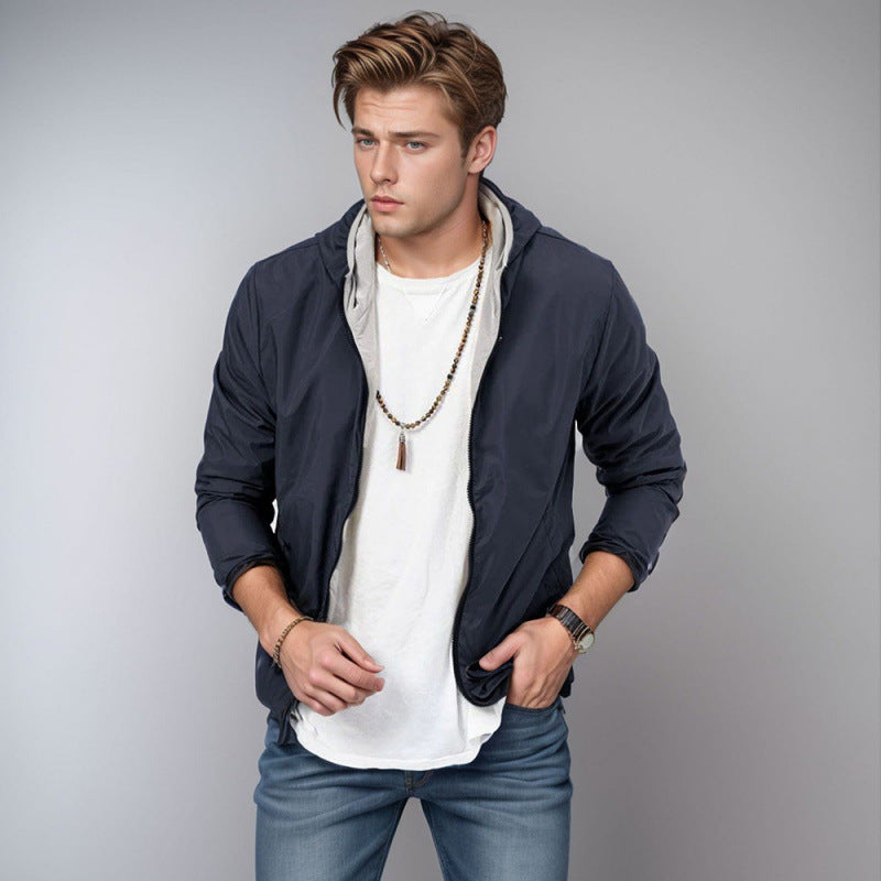 Mens Clothing Solid Color Zipper Reversible Trendy Coat