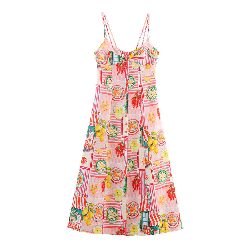 Summer Linen Blend Patchwork Printed Midi Skirt Sling Dress