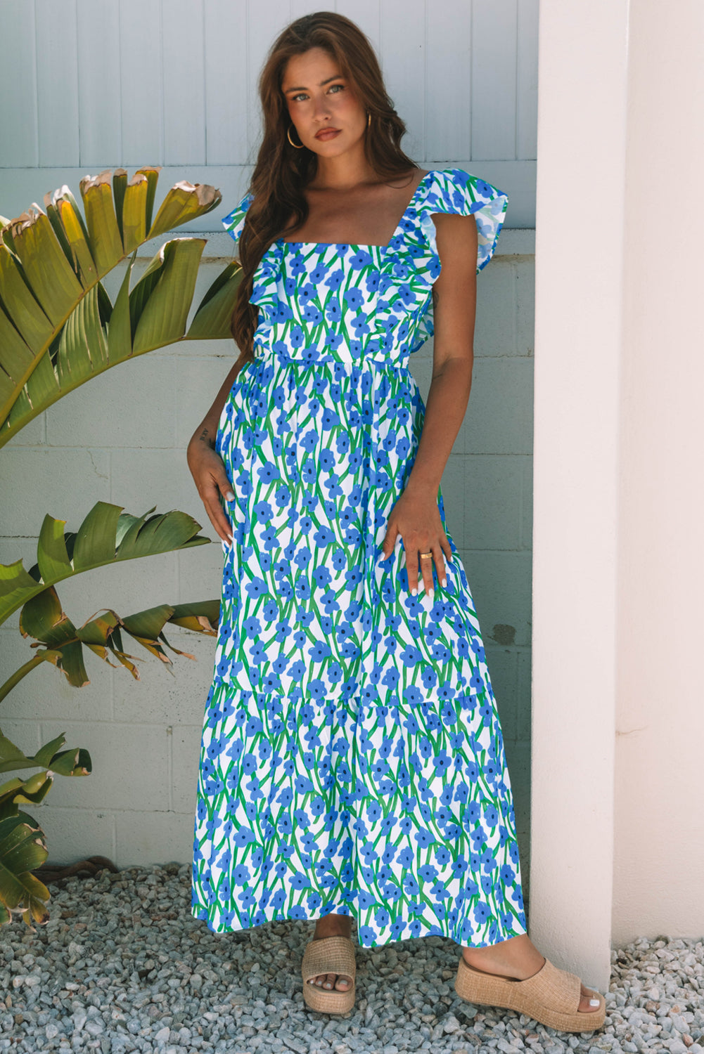 Pink Floral Print Square Neck Ruffled Strap Maxi Dress