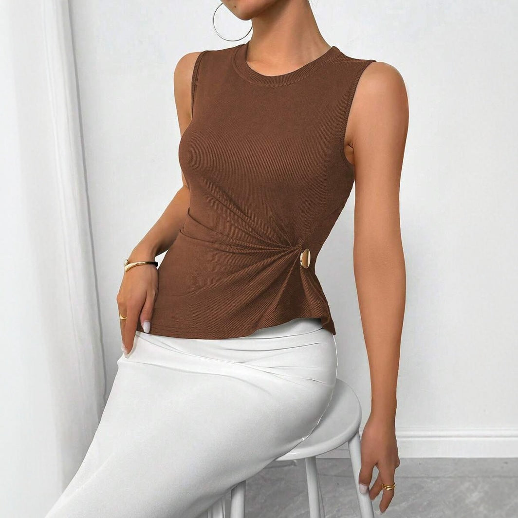 Solid-color Pleated Waist-cinching Sleeveless Top For Women