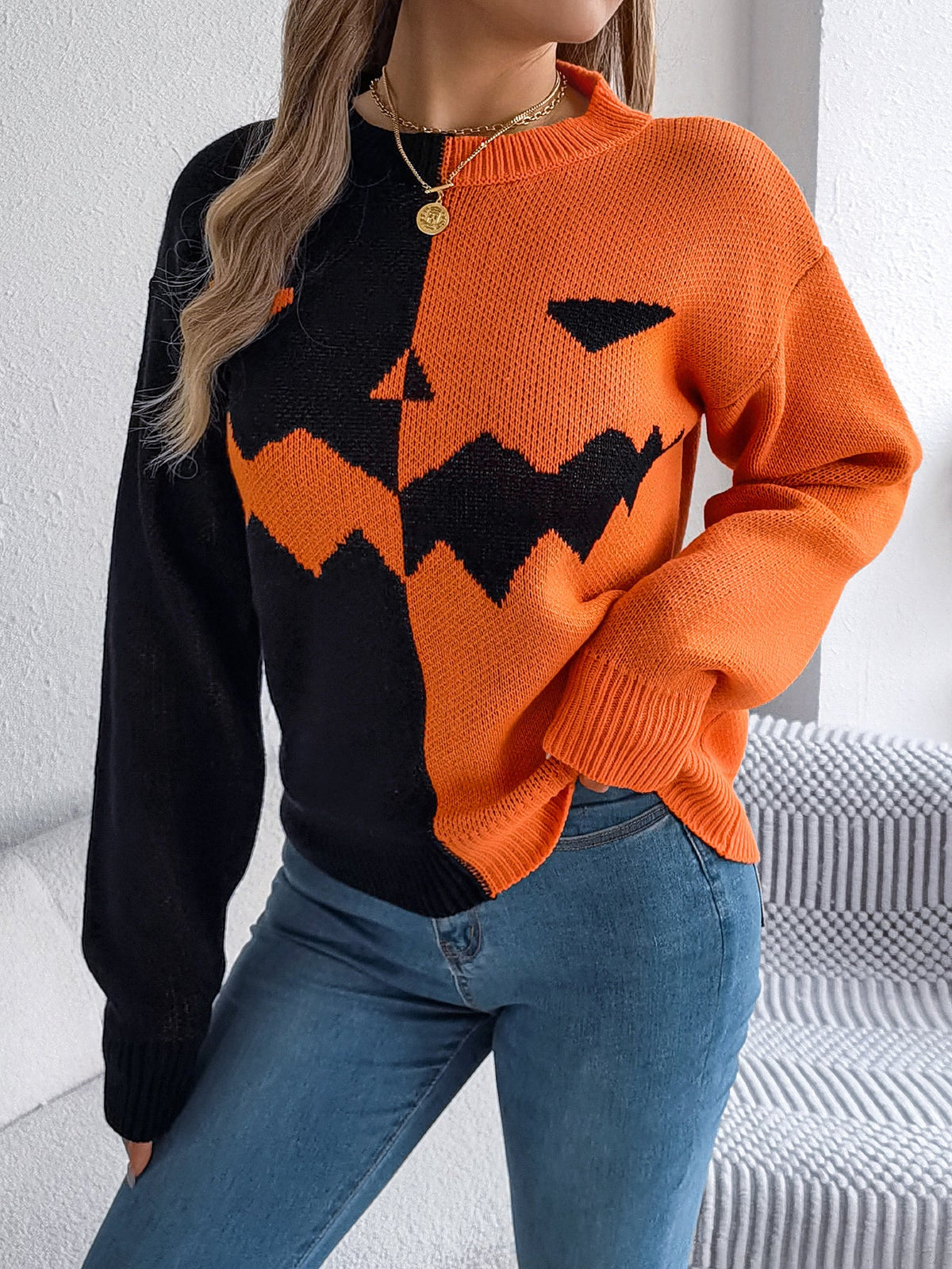 Women Ghost Pumpkin Color Block Long Sleeve Pullover Sweater