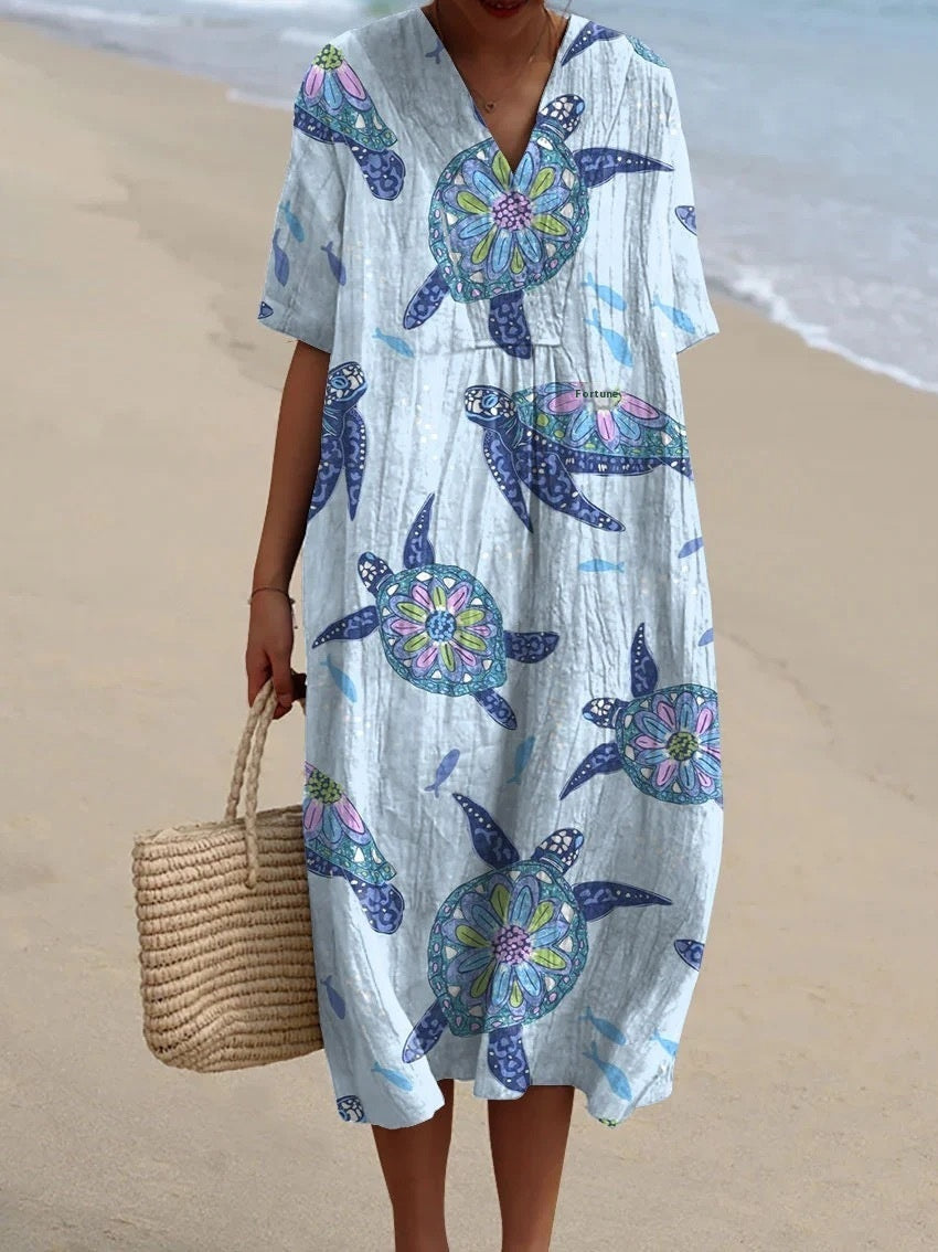 3D Printed Round Neck Pullover Patchwork Women's Dress