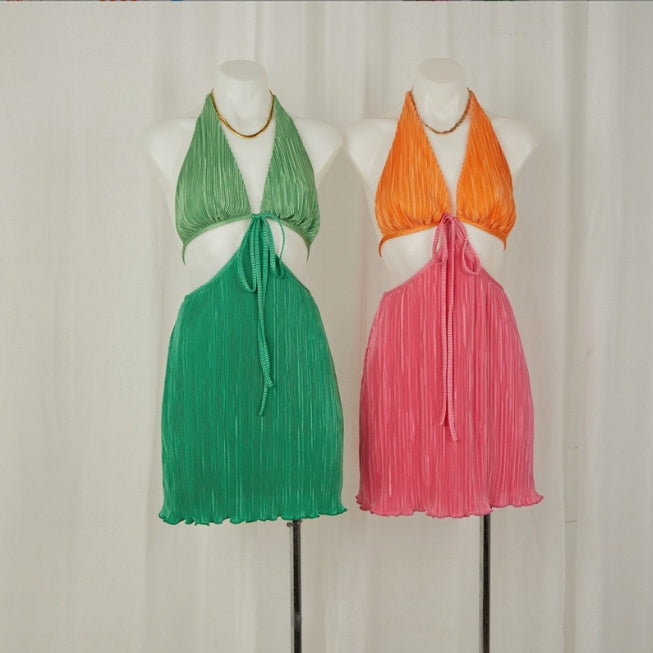 Summer V-neck Backless Pleated Dress Women's New Halter Lace-up Cutout Skirt