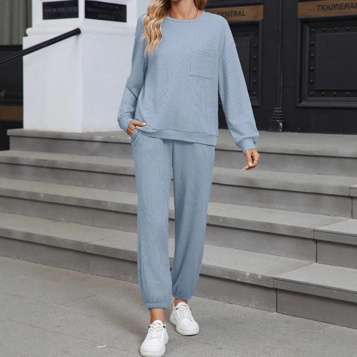 New Solid Color Knitting Belt Pocket Long Sleeve Top And Trousers Two Pieces