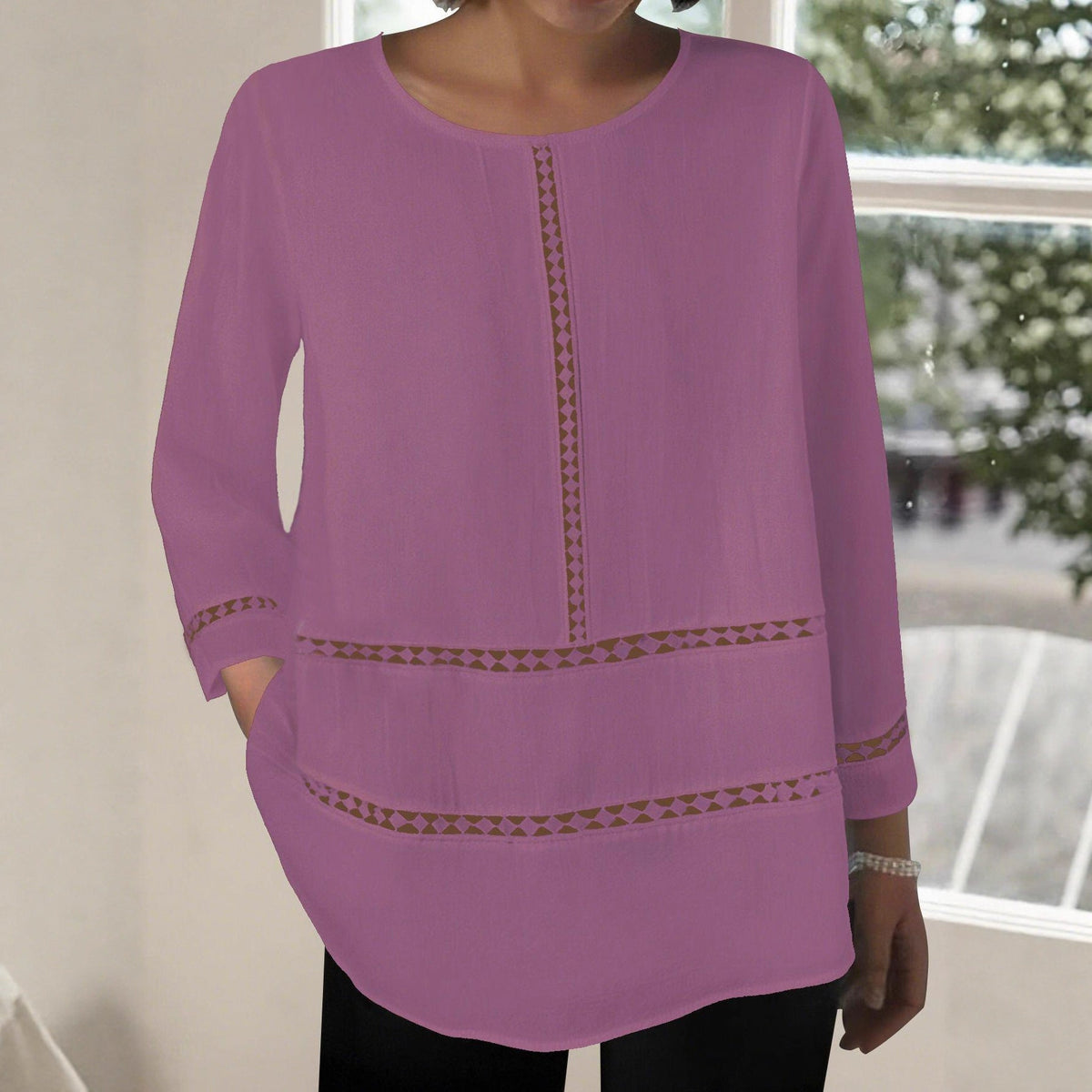 Versatile Women's Round-neck Semi-sheer Hollow-out Long-sleeve Shirt