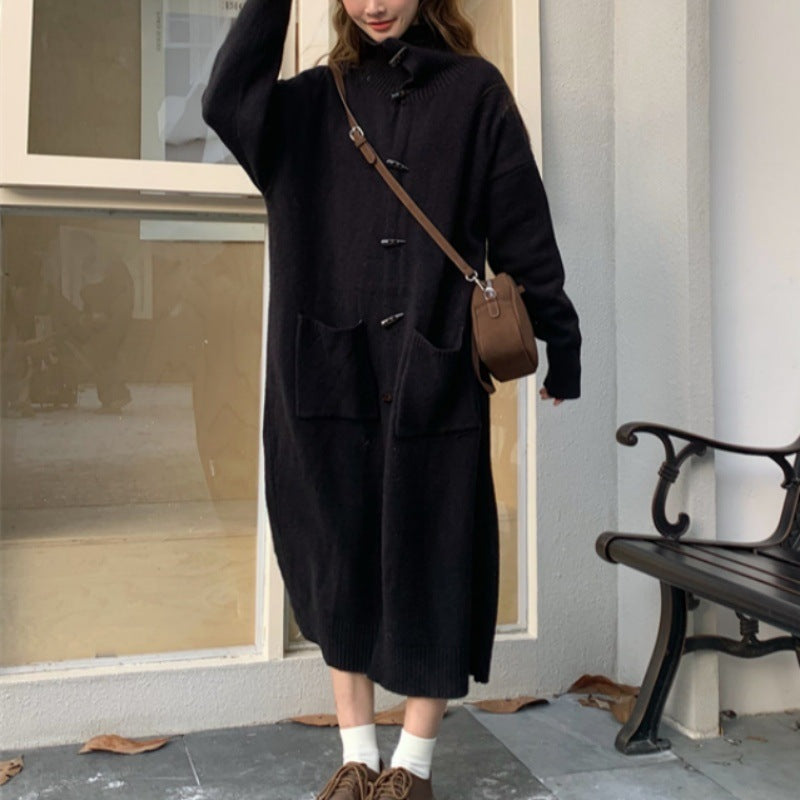 Women's Horn Button Cardigan Sweater | Mid-Length Knit Coat