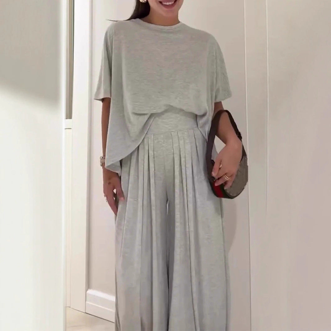 Solid Color Casual Loose Round Neck Wide Leg Pants Women's Suit