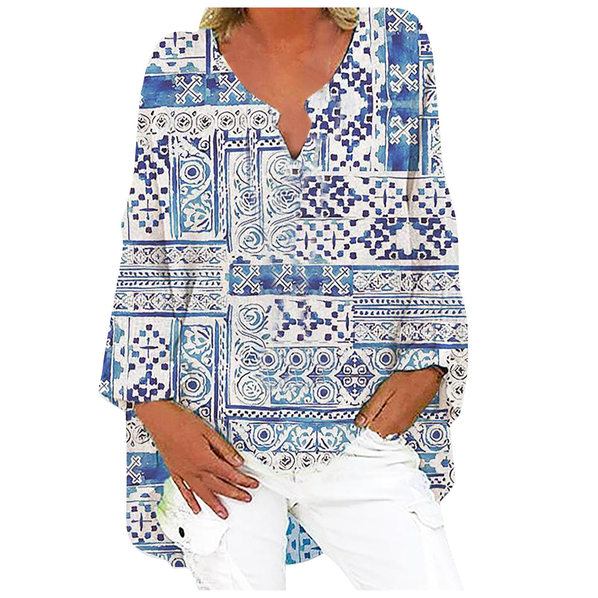 Printed Patchwork V-neck Long Sleeve Plus Size Dress