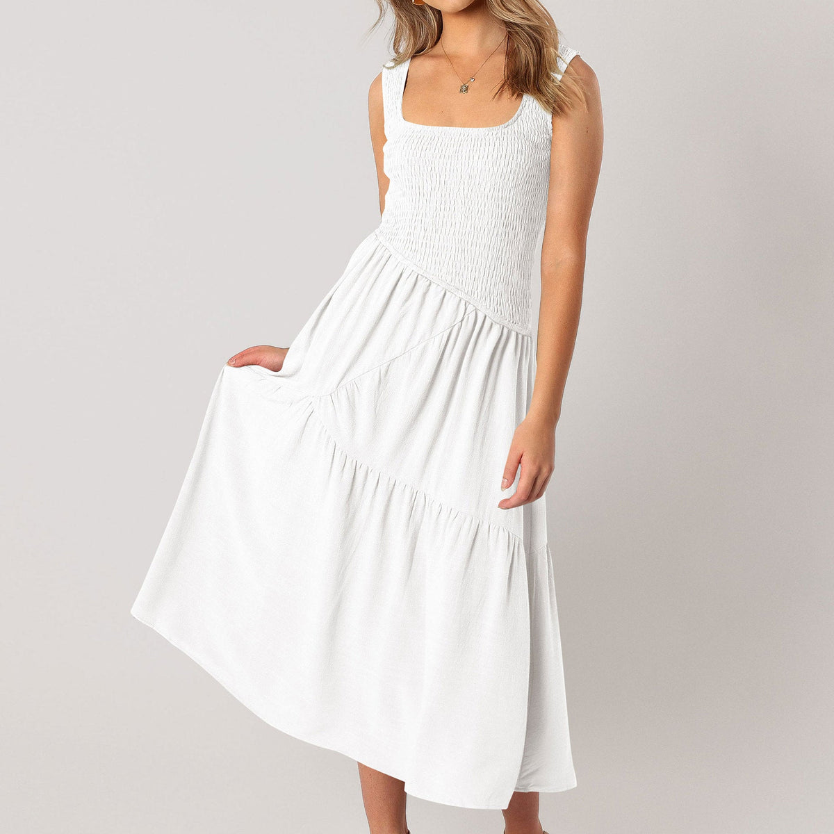 Embroidered Smocked Puff-Sleeve Maxi Dress Ivory