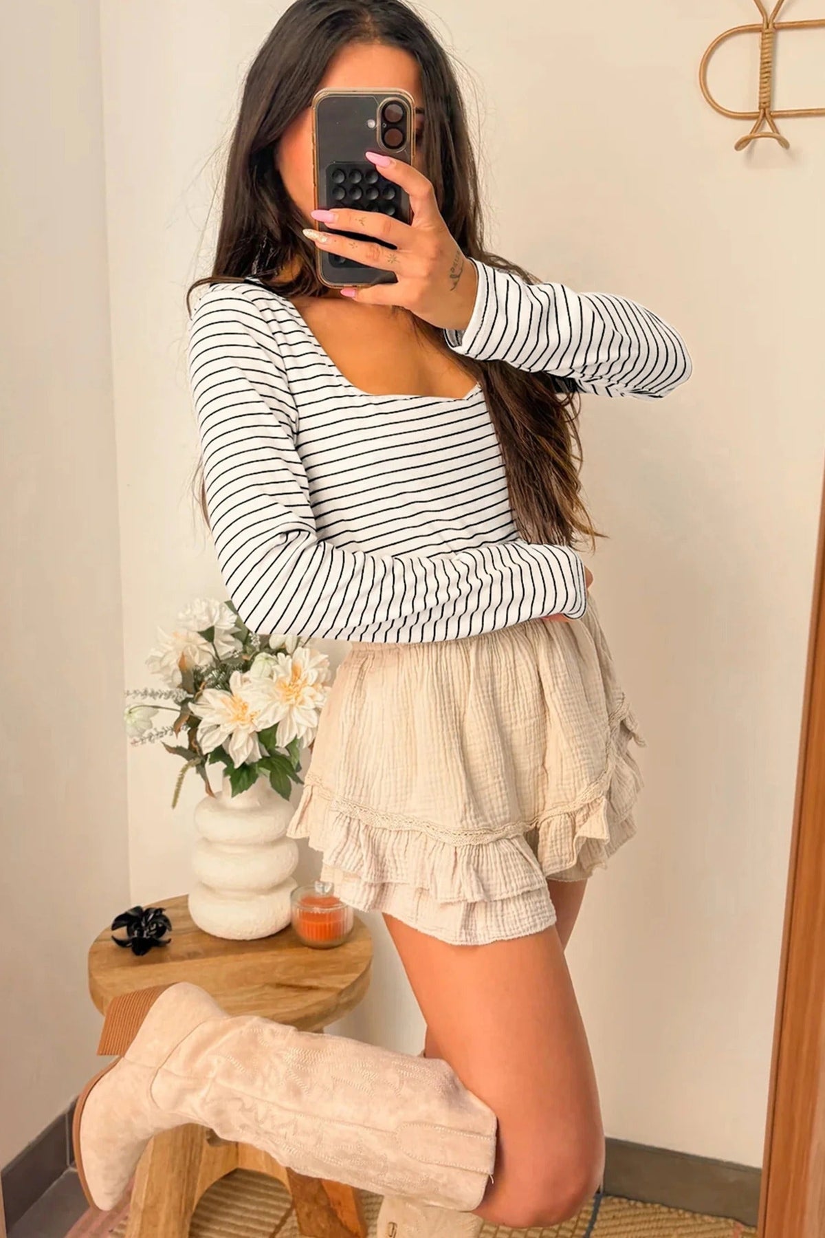 Women's Striped Slim-fit U-neck Long-sleeve Top