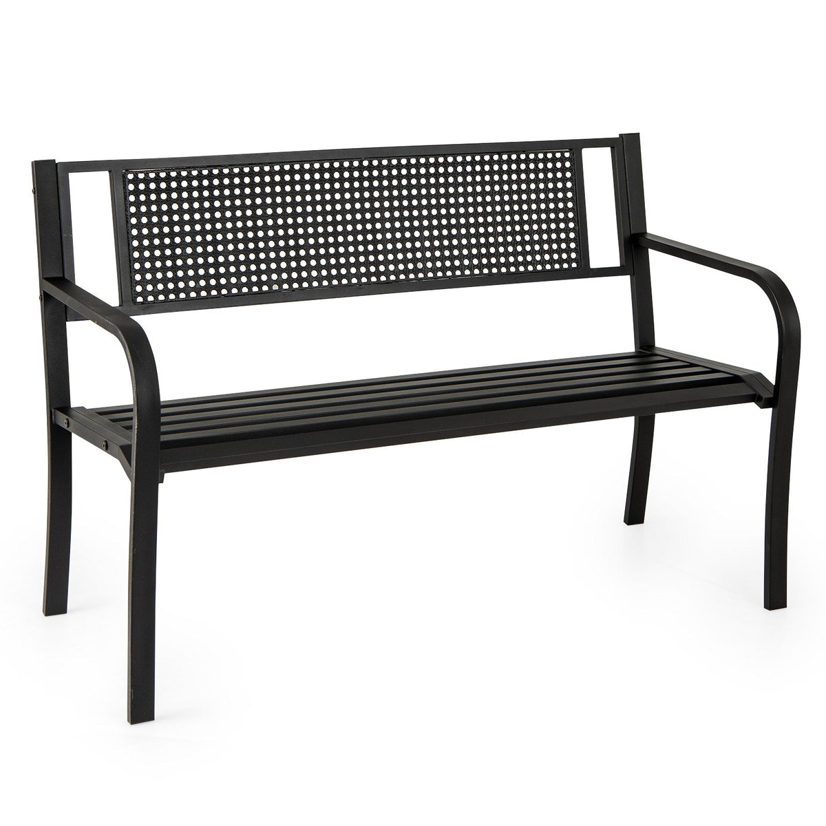 2-3-Persons Outdoor Garden Bench with Patterned Backrest and Curved Armrests-Black