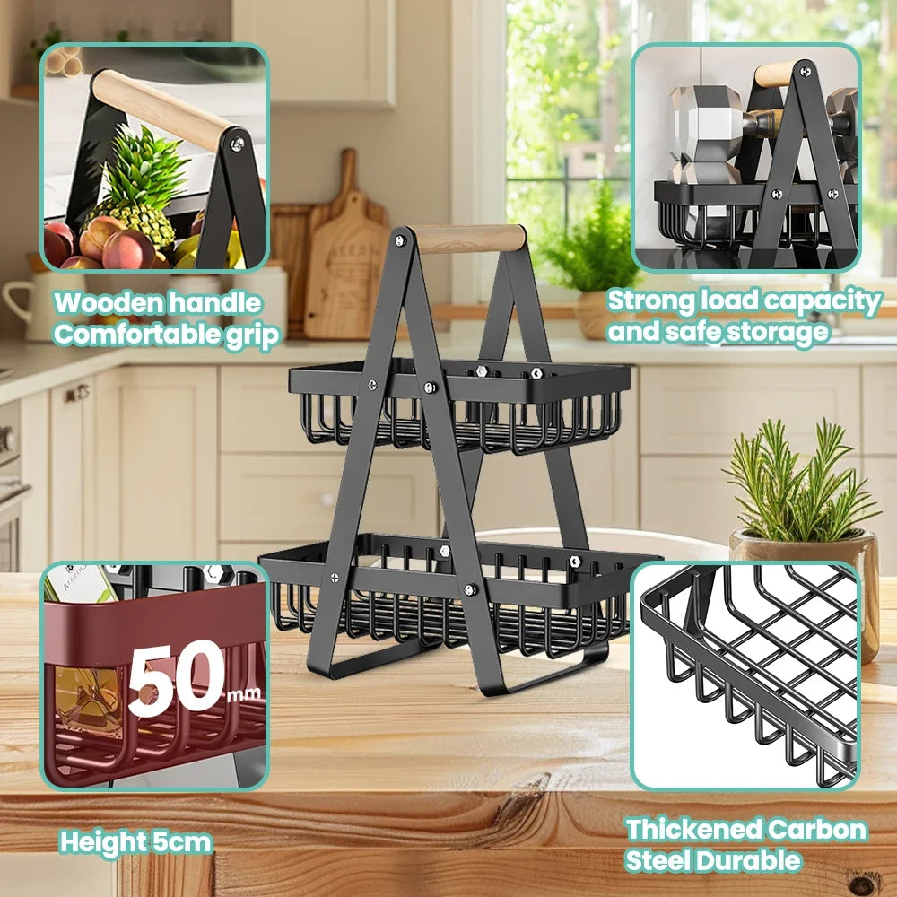 2-Tier Fruit Basket - Food & Vegetable Storage Rack for Kitchen & Snacks