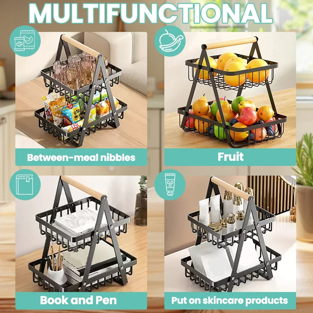 2-Tier Fruit Basket - Food & Vegetable Storage Rack for Kitchen & Snacks