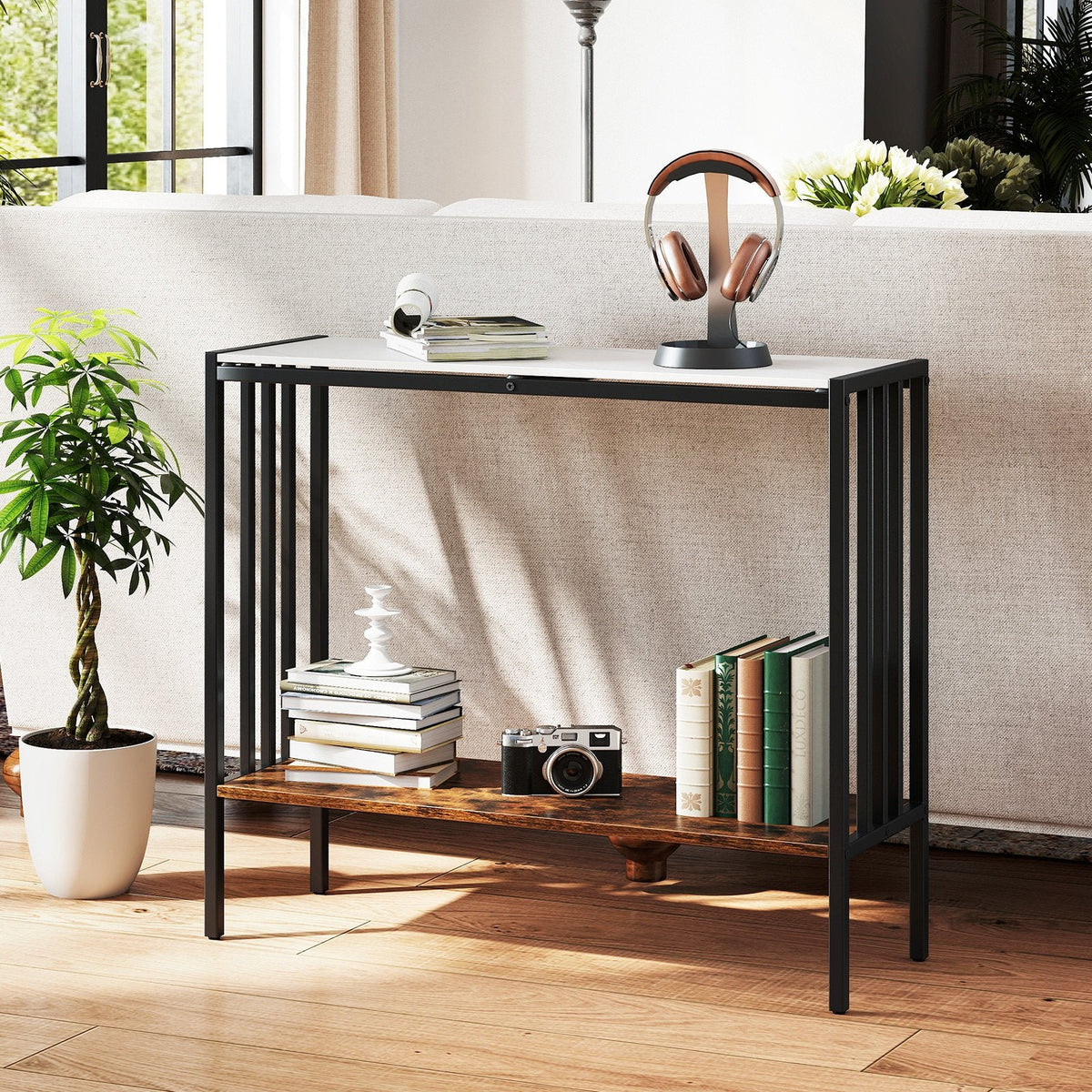 90 CM 2-Tier Industrial Console Foyer Table with Sintered Stone Tabletop