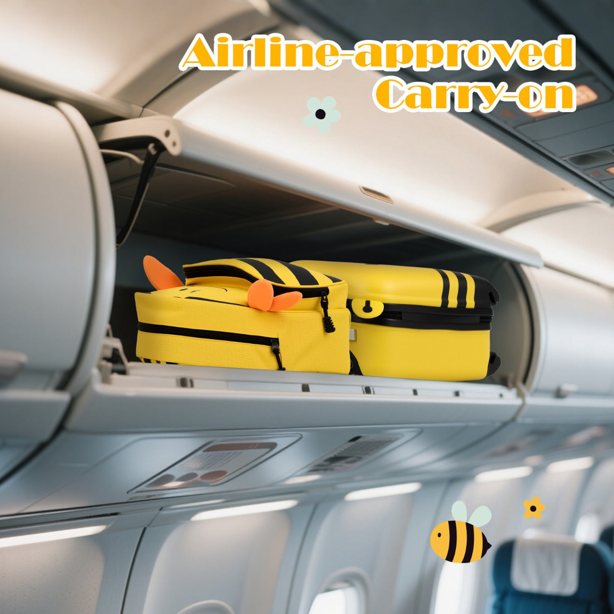 2-Piece Kid’s Luggage Set with Cute Bee Backpack and 18” Rolling Suitcase-Yellow
