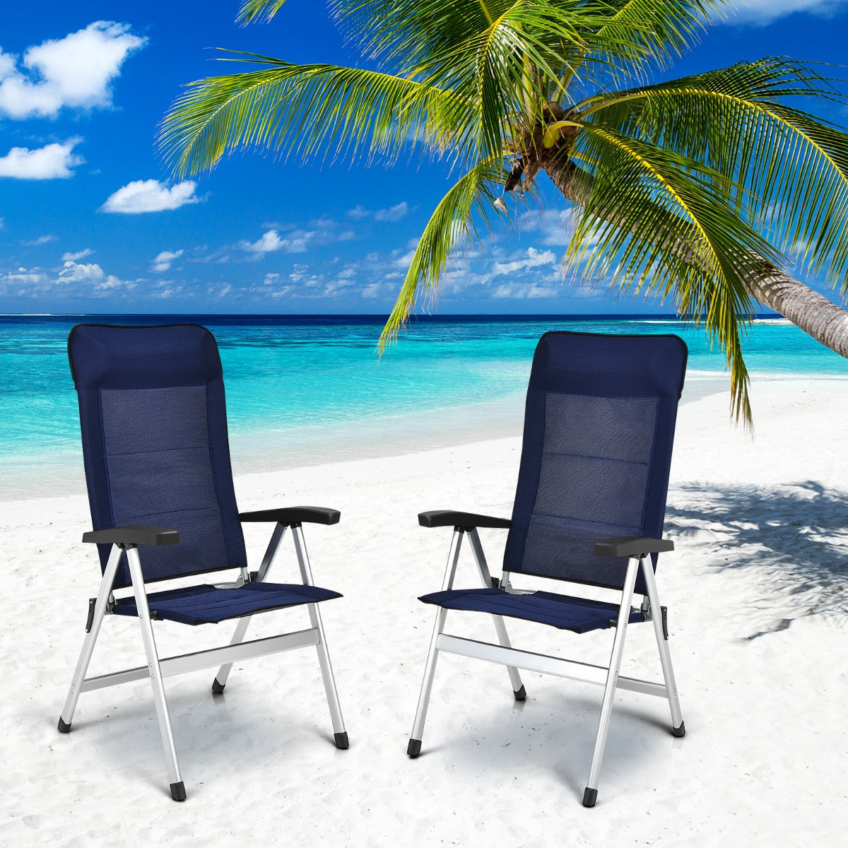 2-Piece Patio Portable Folding Lounge Chair with Raised Backrest-Navy