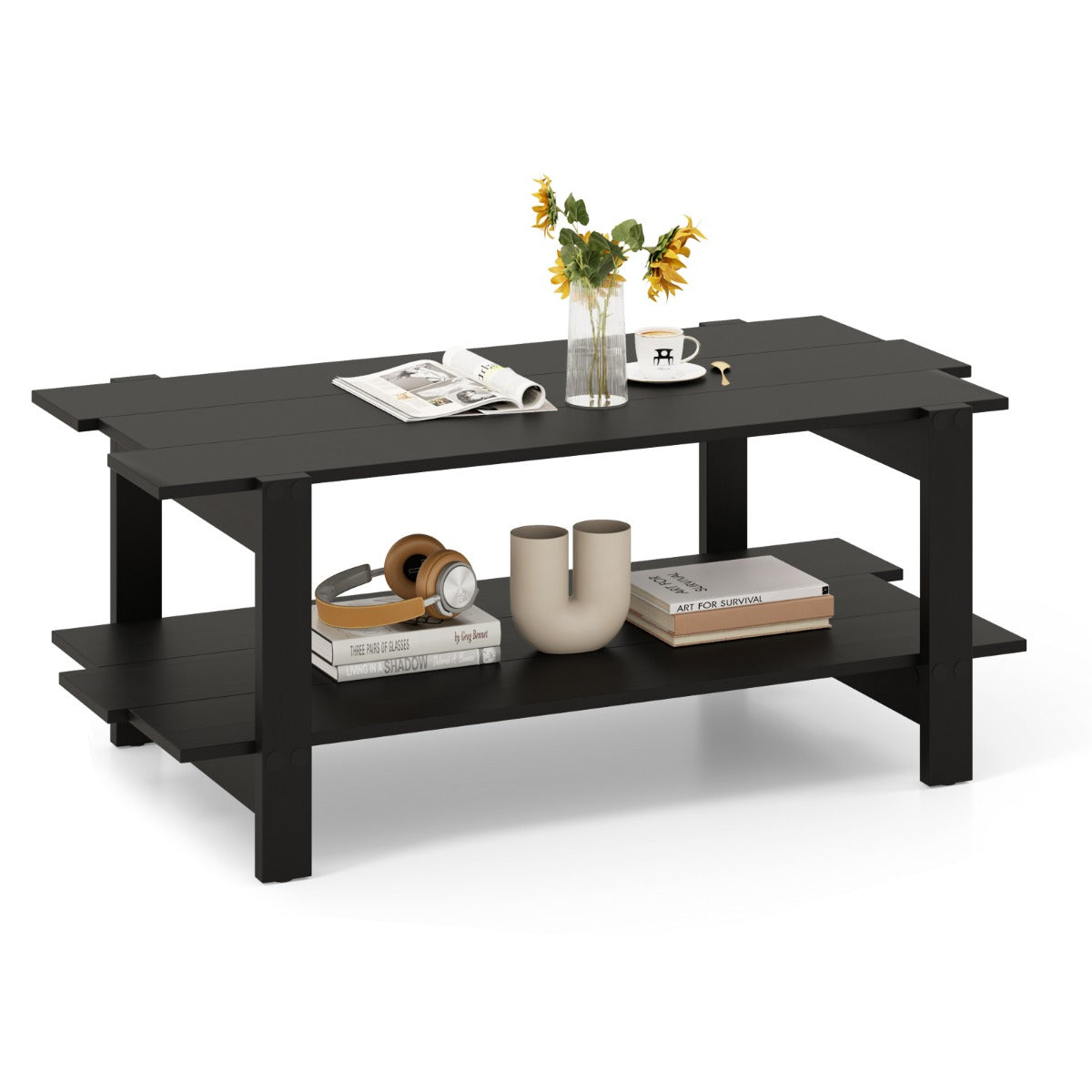 2-Tier Coffee Table with Storage Shelf for Living Room-Walnut