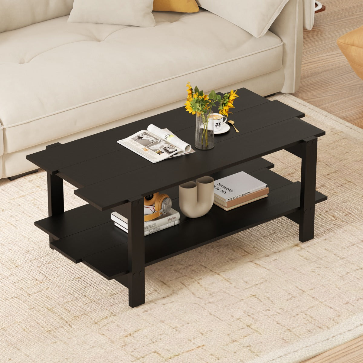 2-Tier Coffee Table with Storage Shelf for Living Room-Walnut